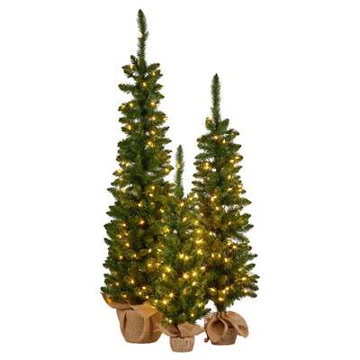 Set of 3 Pre-Lit Green Pine Christmas Trees with LED Lights & Hessian Base
