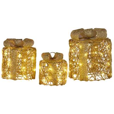  Set of 3 Battery Operated Golden Cylindrical Christmas Gift Boxes w/Warm LED Lights