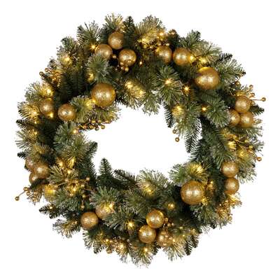 61cm Christmas Wreath Glittery Tipped with LED Lights and Golden Baubles Front Door