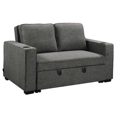 Sofa Bed Dark Grey Linen 2 Seater Futon Sleeper Couch w/ Cupholders