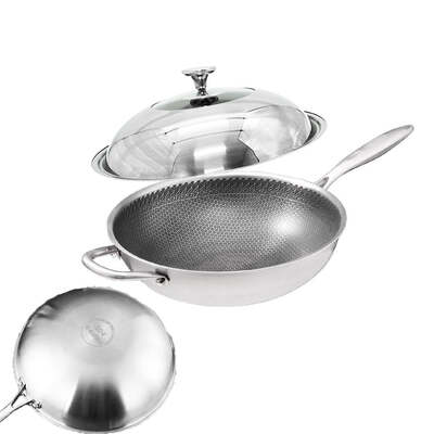 304 Stainless Steel Non-Stick Stir Fry Cooking Kitchen Wok Pan With Lid Single Sided