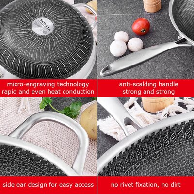 316 Stainless Steel Non-Stick Stir Fry Cooking Pan Without Lid Honeycomb Double Sided