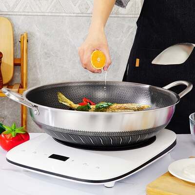 Stainless Steel 34cm Double Ear Non-Stick Stir Fry Cooking Kitchen Wok Pan Double Sided