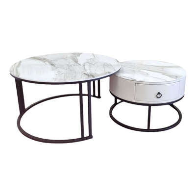 Snowy Mountain  Marble Slate Nesting Coffee Table Set Leather Wrapped Wood Drawers