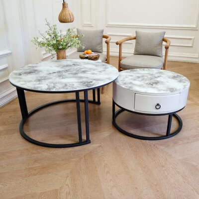 Mountain Marble Slate Nesting Coffee Table Set Leather Wrapped Wood Drawers