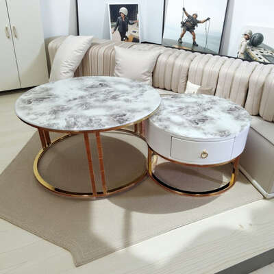 Snowy Mountain Marble Slate Nesting Coffee Table Set Leather Wrapped Wood Drawers