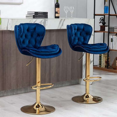 Swivel Bar Stools Set of 2 Counter Height Barstools with Back Velvet  (Navy Blue)