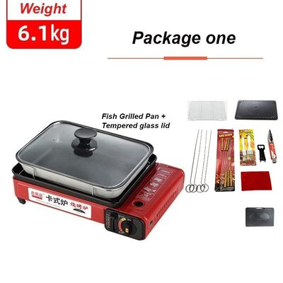 Portable Gas Stove Burner Bbq Camping Gas Cooker With Non Stick Plate Red With Fish Pan And Lid