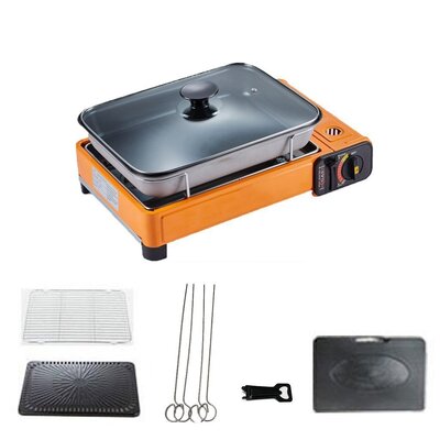 Portable Gas Stove Burner Butane Bbq Camping Gas Cooker With Non Stick Plate Orange