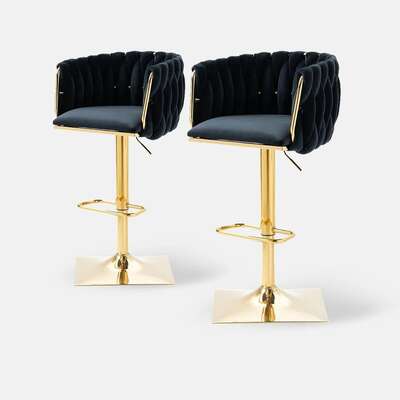 Modern Velvet Breakfast Bar Stools Set of 2  Black Adjustable Swivel Chairs
