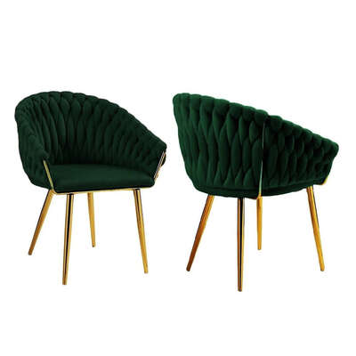 Emerald Green Modern Velvet Dining Chairs Upholstered Living Room Chair with Woven Back