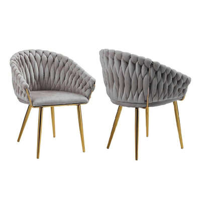 Grey Modern Velvet Dining Chairs Upholstered Living Room Chair with Woven Back and