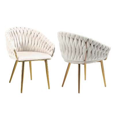Ivory Modern Velvet Dining Chairs Upholstered Living Room Chair with Woven Back and