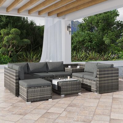 Large Modular Outdoor Ottoman Lounge Set In Grey