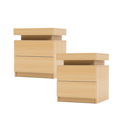 2X Bedside Table 2 Drawers Rgb Led Cabinet Nightstand - Aurora Oak