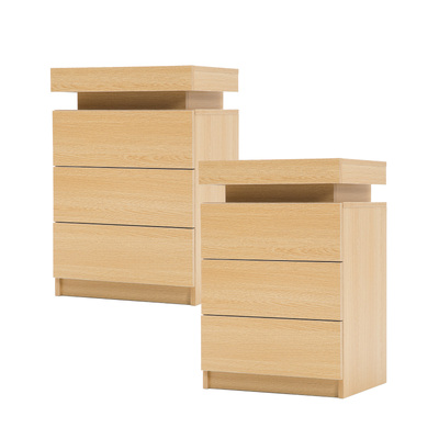 2X Bedside Table 3 Drawers Rgb Led Cabinet Nightstand - Glory Oak