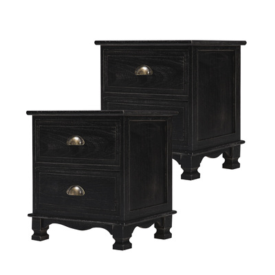 Lydia Black Bedside Table 2 Drawer Vintage Side Cabinet (2X)