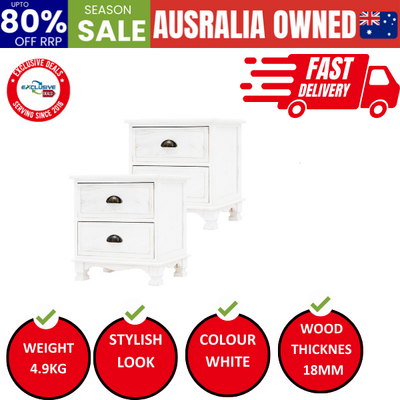 Lydia White Bedside Table 2 Drawer Vintage Side Cabinet (2X)