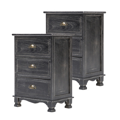 Clara Black Bedside Table 3 Drawer Vintage Side Cabinet (2X)