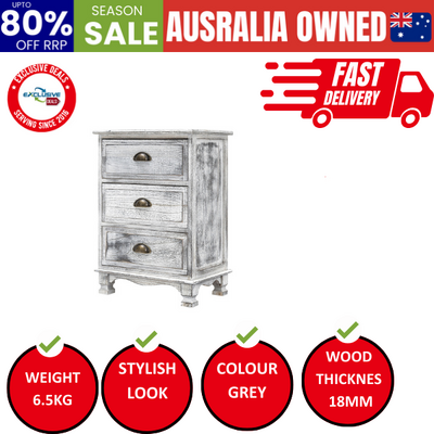 Clara Grey Bedside Table 3 Drawer Vintage Side Cabinet