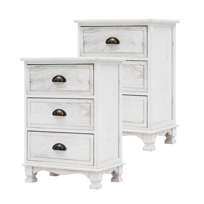 Clara White Bedside Table 3 Drawer Vintage Side Cabinet (2X)