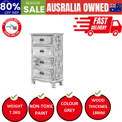 Adeline Grey Bedside Table 4 Drawer Vintage Side Cabinet