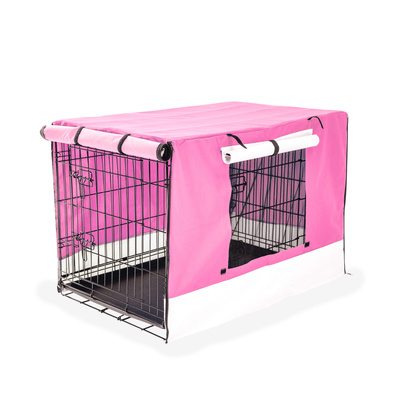 Wire Dog Cage Foldable Crate Kennel 24In With Tray + Pink Cover Combo