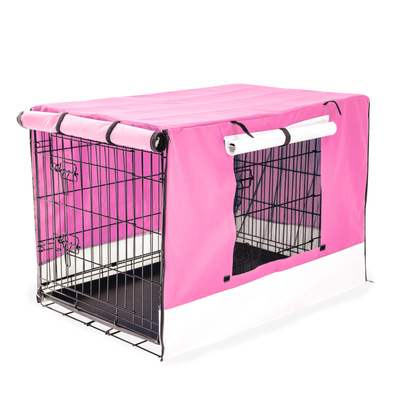 Wire Dog Cage Foldable Crate Kennel 48In With Tray + Pink Cover Combo