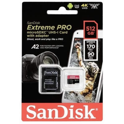 SANDISK SDSQXCZ-512G-GN6MA MICRO EXTREME PRO A2 V30 UHS-I/U3 170R/90W SDXC CARD WITH ADAPTER