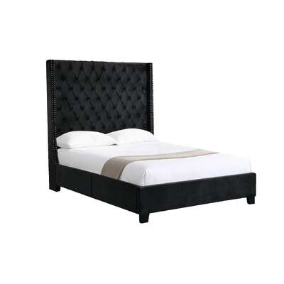 Ella Black Velvet Winged Bed 180Cm - Queen King Size Queen Size