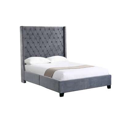 Ella Grey Velvet Winged Bed 180Cm - Queen King Size Queen Size