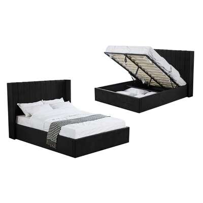 Hilton Black Velvet Gas Lift Bed - King Gas Lift Storage Velvet