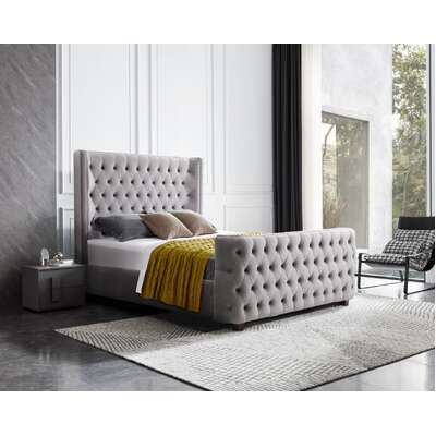 Milan Grey Velvet Tufted Headboard And End Board Bed Frame - Queen