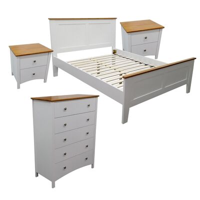 4Pc Double Bed Suite Bedside Tallboy Bedroom Furniture Package - White