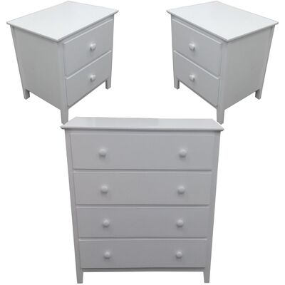 Bedside Tallboy 3Pc Bedroom Set Drawers Nightstand Storage Cabinet -Wht