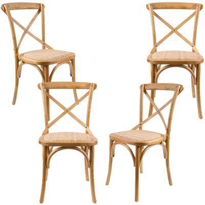 Crossback Dining Chair Set Of 4 Solid Birch Timber Wood Ratan Seat - Oak