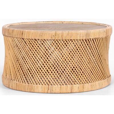 80Cm Round Coffee Table Mango Wood Top Rattan Frame - Natural