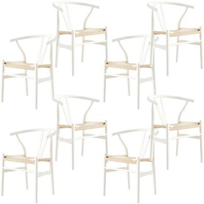 Set Of 8 Wishbone Dining Chair Beech Timber Replica Hans Wenger - White