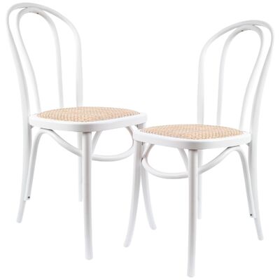 Back Dining Chair 2 Set Solid Elm Timber Wood Rattan Seat - White