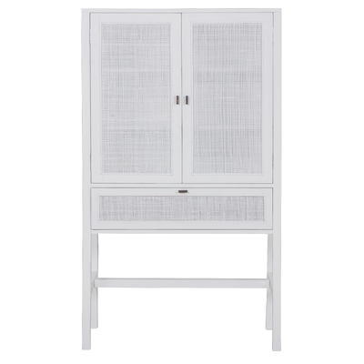 Tall Storage Cabinet 90Cm 2 Door 1 Drawer Mindi Wood Rattan - White