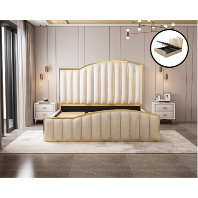 Elegant Luxury King Size Bedframe In Beige With Gas Lift Storage