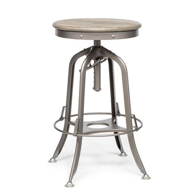 Industrial Swivel Bar Stool - Height Adjustable, Oak Wood Top, Grey Finish