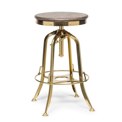 Industrial Swivel Bar Stool - Height Adjustable, Oak Wood Top, Gold Finish