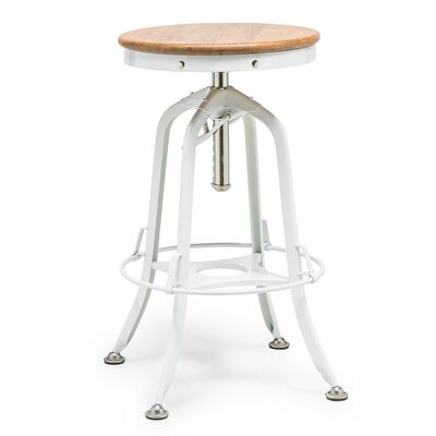 Hamptons Style White Bar Stool - Height Adjustable, Swivel, Natural Wood Top