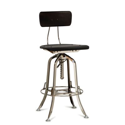 Industrial Swivel Bar Stool Chair - Wooden, Back, Nickel Black