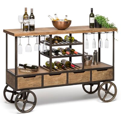 Industrial Style Wooden Bar Cart Drinks Trolley Station With Wine Bottle Rack