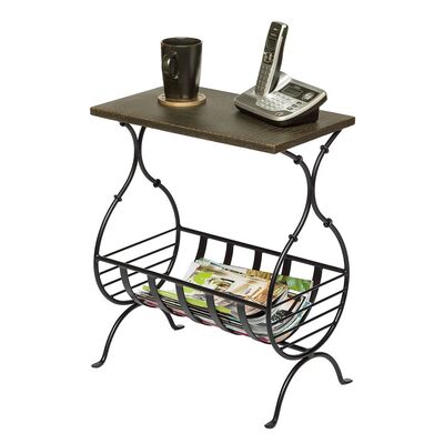 Black Iron Narrow Side Table with Magazine Storage and Gold Finish Top