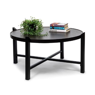 Modern Black Round Coffee Table With Copper Finish Engraved Top