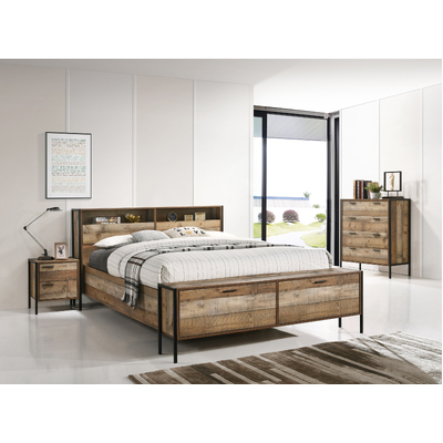 4 Pieces Storage Bedroom Suite Metal Legs Queen Oak, Bedside Table & Tallboy
