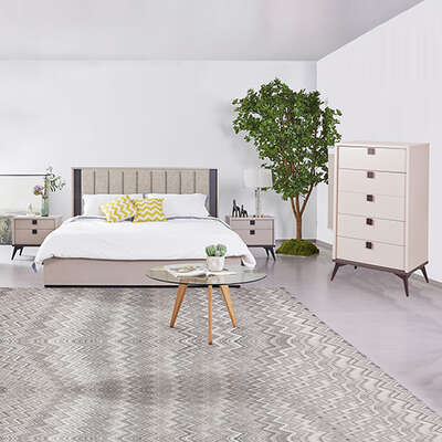 Queen 4 Pcs Bedroom Suite With Tallboy Fabric Upholstery Mdf Combination Of Champagne And Black Colour